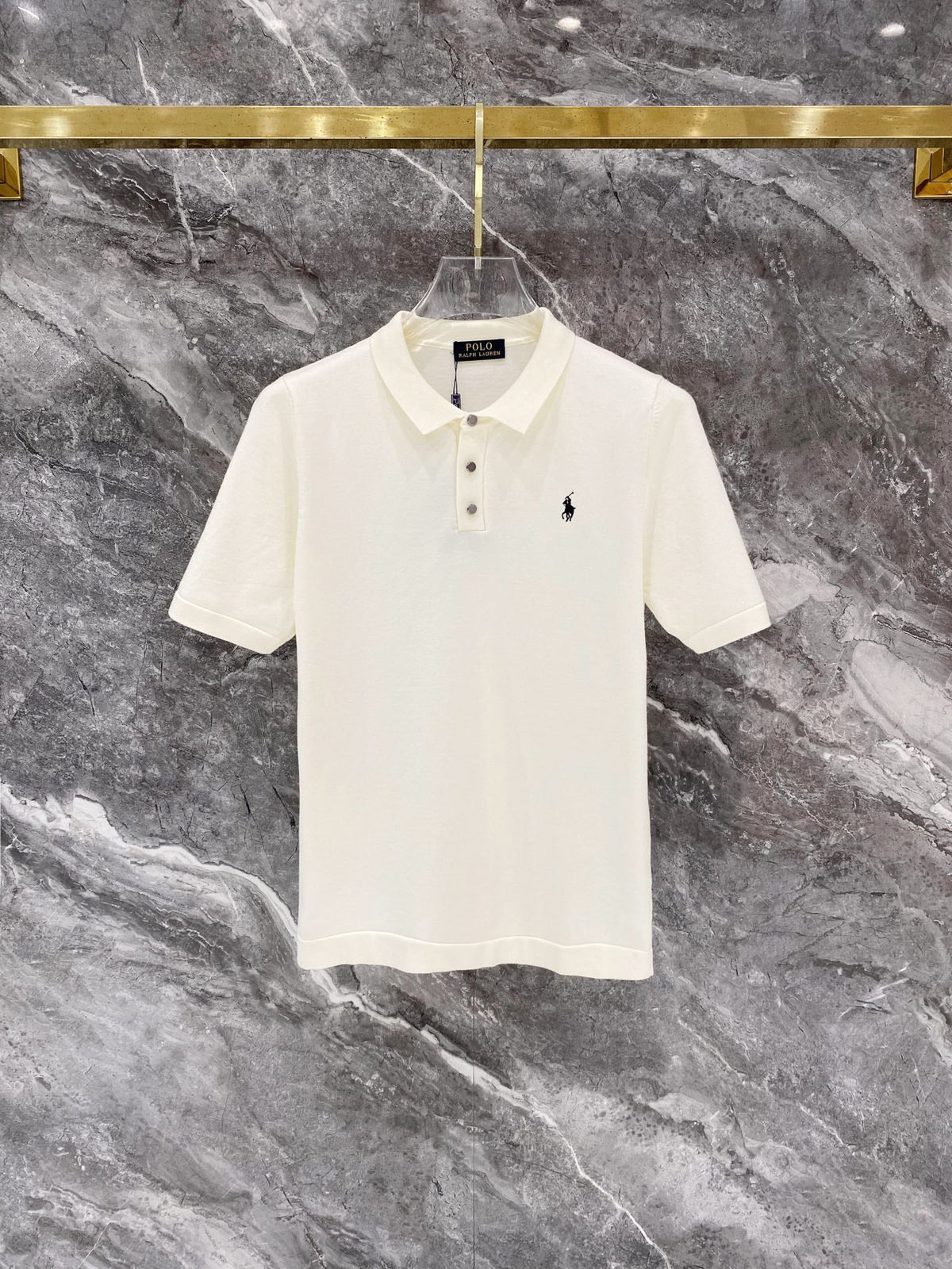 Men's Pique Knit Short‑Sleeve Polo Shirt Small Horse Embroidery Solid Cream Casual Top